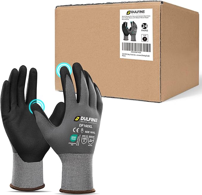 DULFINE Safety Work Gloves MicroFoam Nitrile Coated-24 Pairs Pack,Seamless Knit Nylon Glove with Black Micro-Foam Nitrile Grip,Ideal for General Purpose,Automotive,Home Improvement,Painting(X-Large)