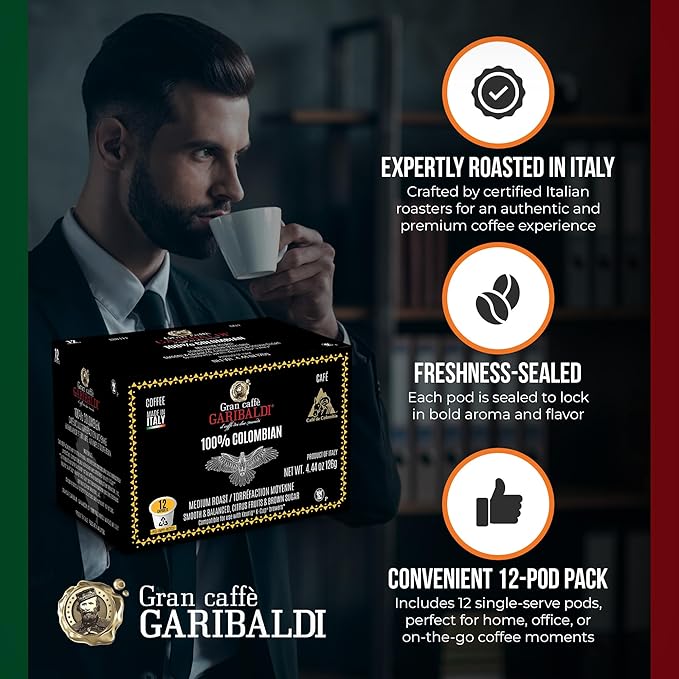 Caffè Garibaldi Colombian Coffee Pods, for Keurig K-Cup Brewers, Single Serve Cups, 100% Arabica Blend for Coffee Makers, 72 Count Recyclable Pods - Medium Roast