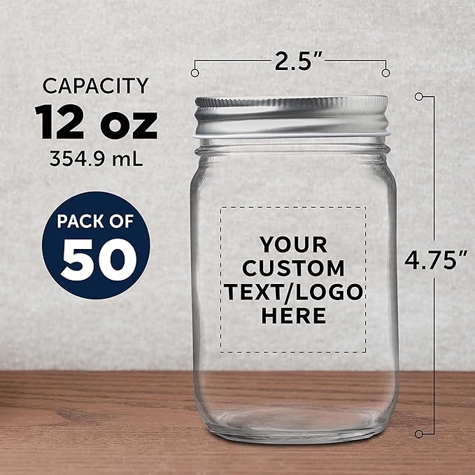 DISCOUNT PROMOS 50 Decorating Mason Jars Set, 12 oz. - Customizable Text, Logo - Canning, Aluminum Lid - Clear