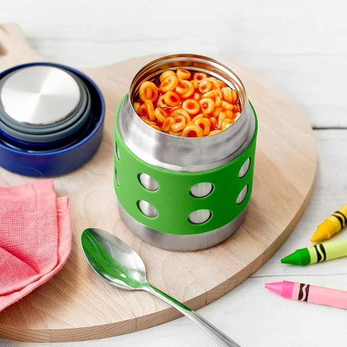 LunchBots Thermal 8 oz Triple Insulated Thermos - Hot 6 Hours or Cold 12 Hours - Leak Proof Thermos Soup Jar - All Stainless Interior - Navy Lid - Green Dots