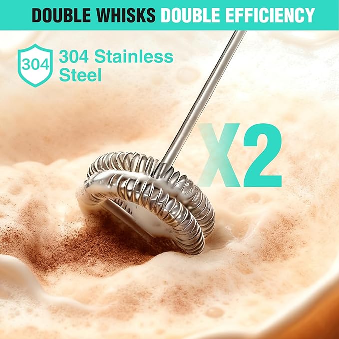 HAUSHOF Powerful Rechargeable Milk Frother Wand with Stand, Handheld Electric Foam Maker, Drink Mixer with 2 Detachable Stainless Steel Whisks 2 Speeds for Coffee Latte, Cappuccino, Matcha, Black