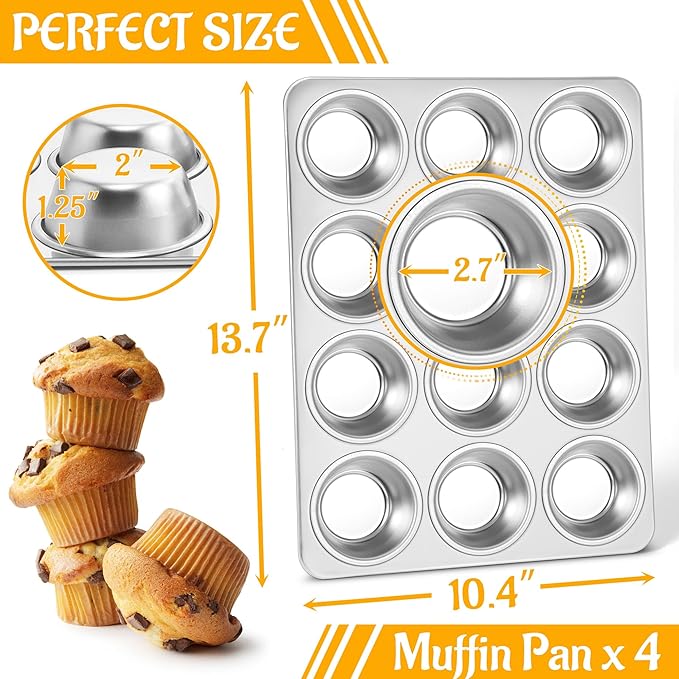 E-far 12-Cup Muffin Pan Set of 4, Stainless Steel Muffin Tins, Non-Toxic Metal Cupcake Pans Tray for Baking Small Mini Cupcake, Heavy Duty & Regular Size, Rust Free & Dishwasher Safe
