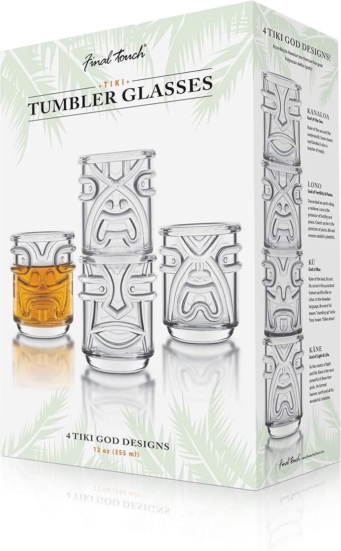 Final Touch Tiki Glasses Set of 4 - Kanaloa, Lono, Kū, Kāne Designs, 12 oz (355 ml), Clear, Stackable Totem Pole Storage, Durable Glassware for Tropical Cocktails (TK5303)
