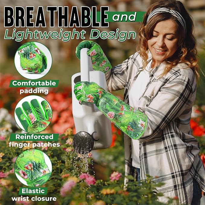 HANDLANDY Women Gardening Gloves, Scratch Resistant Breathable Ladies Rose Pruning Long Gauntlet Floral Print Garden Yard Gloves, Gift for Gardeners (Green, M)