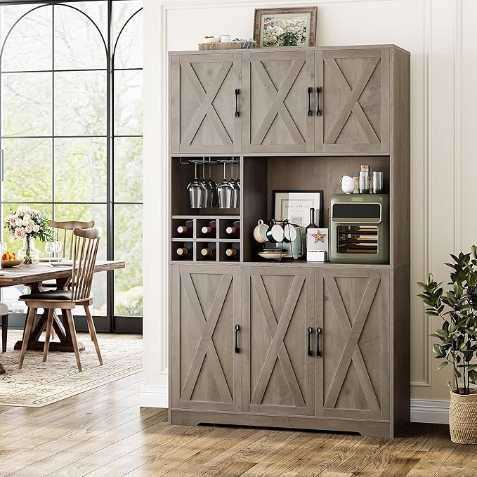 HOSTACK Kitchen Pantry Storage Cabinet, 71" Tall Food Pantry Cabinet with Microwave Stand, Farmhouse Kitchen Hutch, Coffee Bar Hutch with Wine Rack for Dining Room, Living Room, Ash Grey