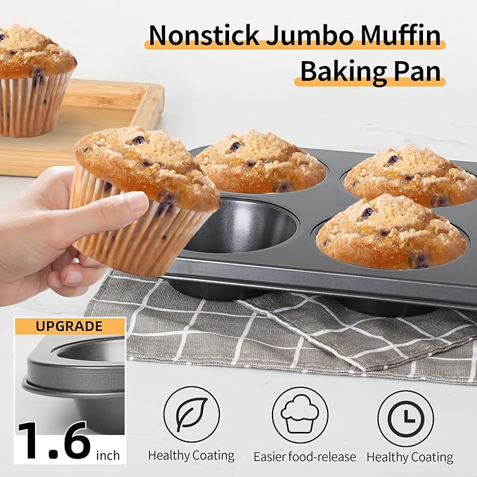 Jumbo Muffin Pan 2-Pack 6-Cups Cupcake Pan, Premium Large Muffin Tin for Baking, Non-Stick and Thickened Carbon Steel Jumbo Cupcake