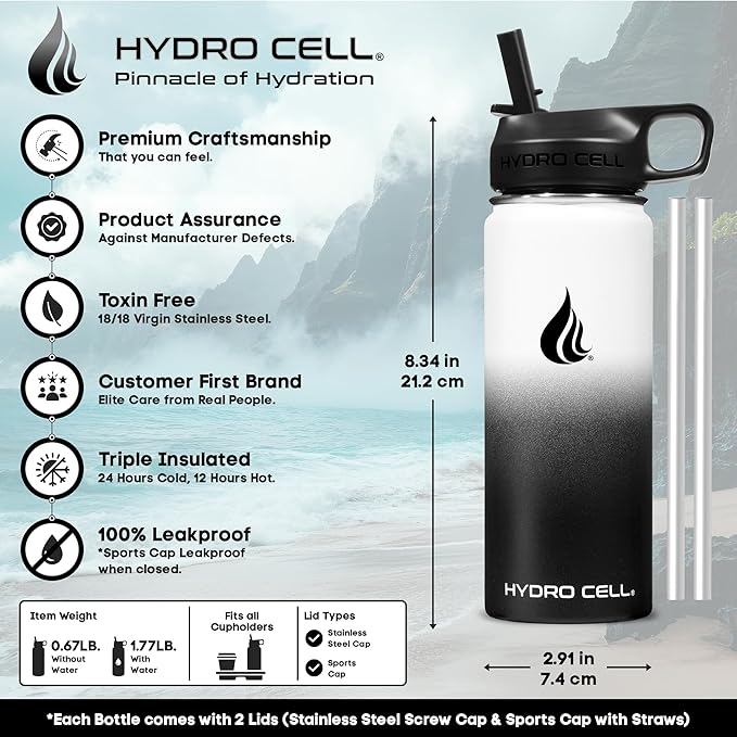 HYDRO CELL Stainless Steel Insulated Water Bottle with Straw - For Cold & Hot Drinks - Metal Vacuum Flask with Screw Cap and Modern Leakproof Sport Thermos for Adults (Black/White 18oz)