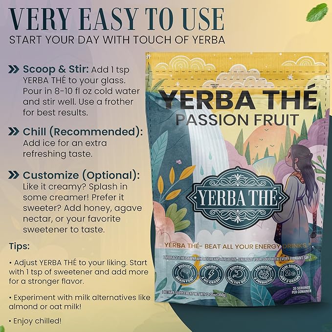 Ancient Diosa - Yerba Mate Tea Powder 350g, 35-Servings - Passion Fruit Flavor Clean Energy Drink Superfood - Support Gut Health, Probiotics and Prebiotics, Reduce Brain Fog, Relaxation & Focus Blend