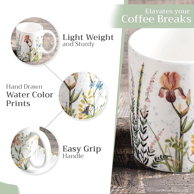 Maison d' Hermine Coffee Mug with Handles Fine Bone China Mugs Pack of One Tea Cups for Hot Beverages Cappuccino Latte Home Restaurant Office Perfect for Gift (Fleurs De Mai - Prairie, 12 Ounce)