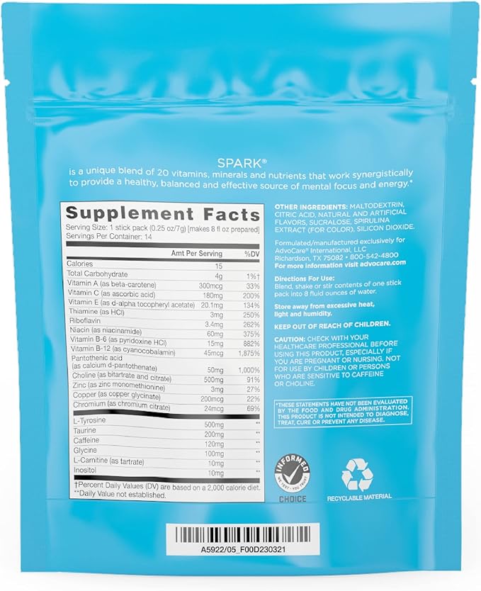AdvoCare Spark - Energy Drink Mix - Vitamin & Amino Acid Supplement - Supports Energy & Focus* - Portable Immune Support* - Sugar-Free - Blue Raspberry, 14 Stick Packs (3.5 oz)
