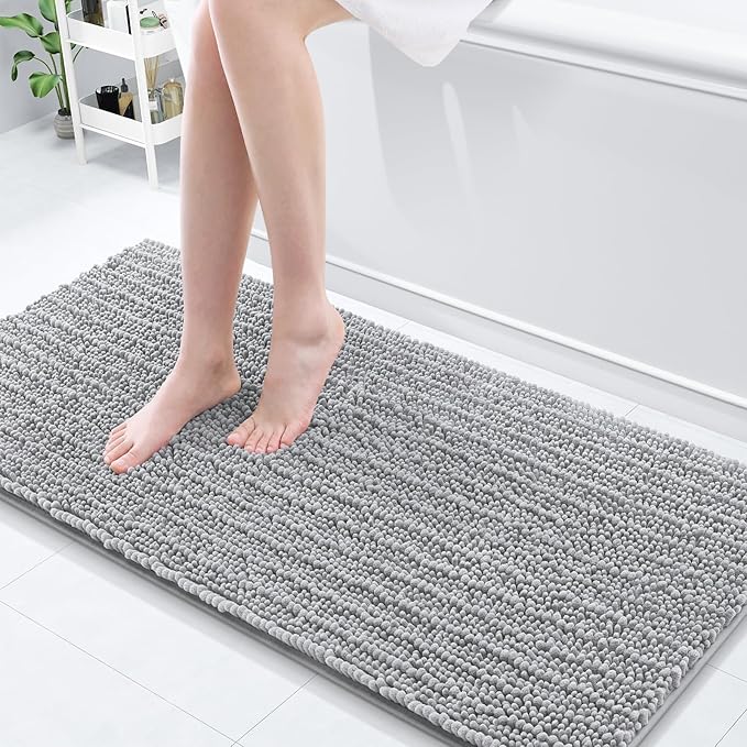 Arotive Luxury Chenille Bathroom Rug Mat, Extra Soft Thick Absorbent Shaggy Bath Rugs, Non-Slip Machine Wash Dry, Plush Bath Mats for Bathroom, Shower and Tub, 60x20, Light Grey