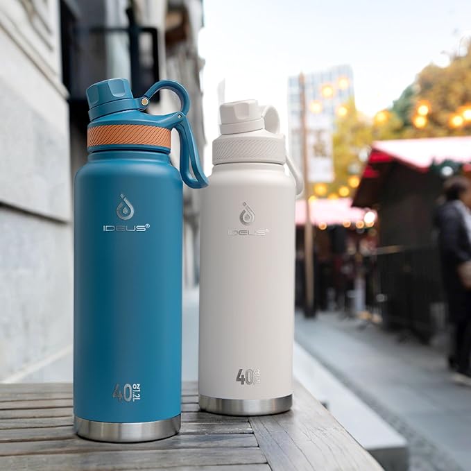 IDEUS Insulated Stainless Steel Water Bottle with 2 Leak-Proof Lids, Thermal Water Flask for Hiking Biking, 40oz, Blue Atoll