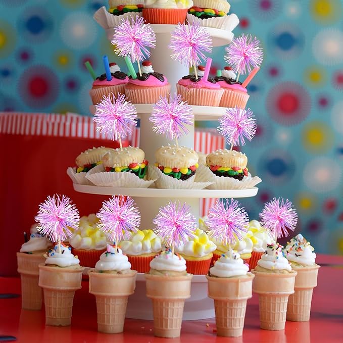 Gyufise 30Pcs Foil Firework Cupcake Toppers Sparkle Tinsel Cake Toppers Tinsel Drink Cake Decoration Cocktail Picks for Birthday Wedding Graduation Party Supplies Laser Rose Red