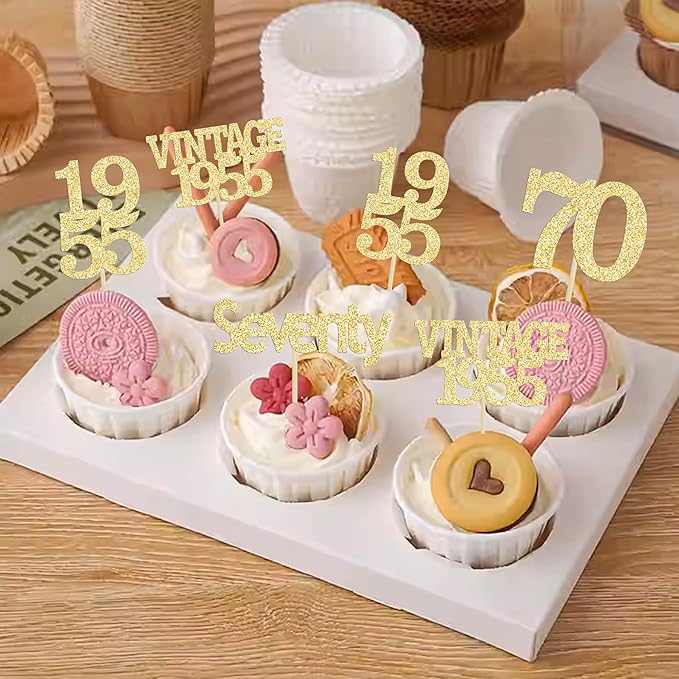Gyufise 24Pcs 70th Birthday Cupcake Toppers Glitter Cheers to 70 Fabulous Seventy Vintage 1955 Cupcake Picks 70th Birthday Wedding Anniversary Party Cake Decorations Supplies Gold