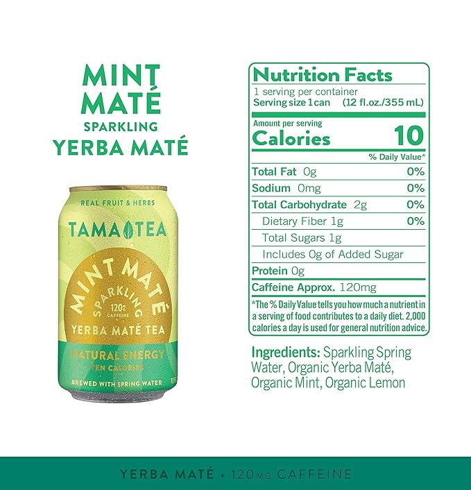 Sparkling Mint Yerba Mate by Tama Tea - Unsweetened Natural Energy Drink with Real Fruit & Herbs - Healthy Caffeine Drink Alternative - 120mg of Brain-Boosting Caffeine, 10 Calories - 12oz Pack of 12