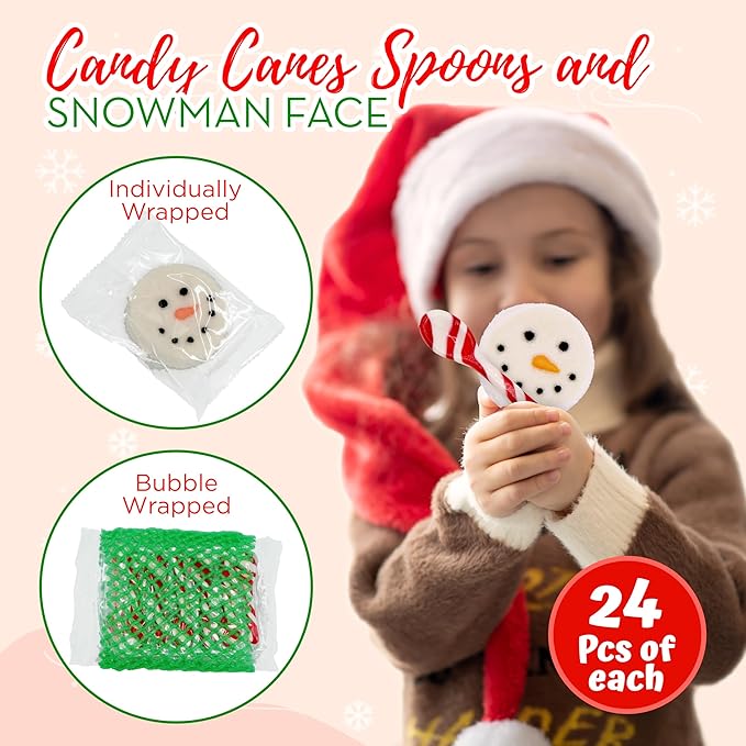 4E's Novelty Snowman Marshmmallow Toppers and Peppermint Spoons (24pc of Each) Candy Canes Spoons and Sugar Coated Snowman Face Marshmallows for Christmas Hot Chocolate Bar Supplies, Hot Cocoa Toppers Decorations