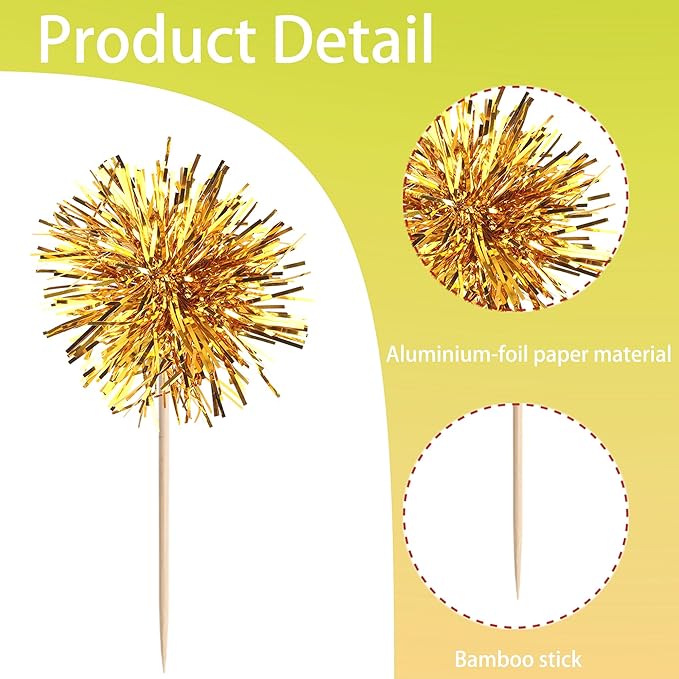 40 PCS Foil Firework Cupcake Toppers Fireworks Cupcake Picks Sparkle Tinsel Cake Decorations Cocktail Fruit Toothpick for Firework Theme Birthday Wedding Graduation Party Decorations Supplies Gold