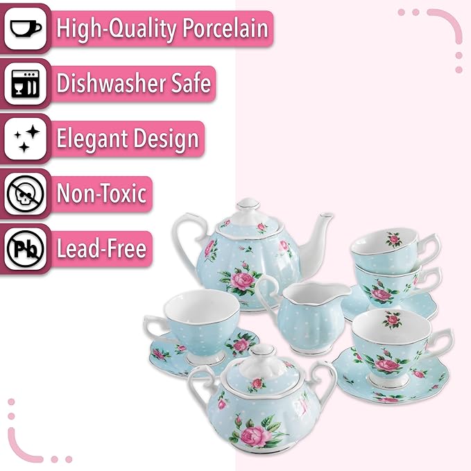 BTaT- Floral Tea Sets for Adults, 13 pcs, Service for 4, Pot (38 oz) & Cups (8 oz) with Saucers, Pastel Blue Floral Design, Porcelain Tea Set for Adult, Dishwasher Safe