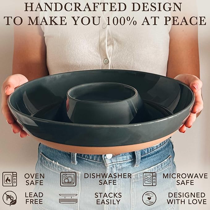 Mora Ceramic Chips and Dip Serving Tray: Large Divided Party Bowl Set for Chips & Salsa, Veggies & Dip, Fruit, Snacks, Entertaining, Hosting, etc. Minimalist Design for the Modern Hostess - Charcoal