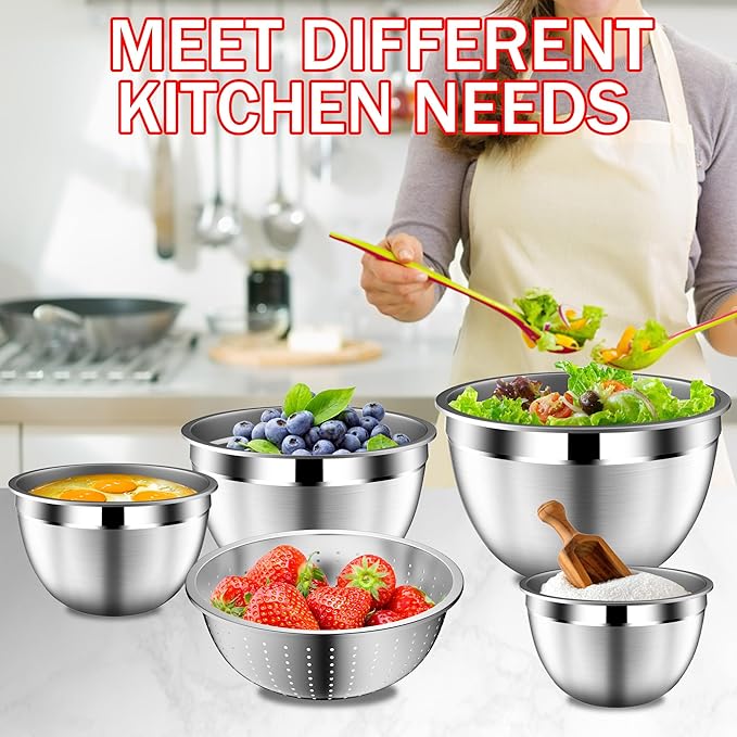 Mixing Bowls with Strainer, Mixing Bowl with Lids Set, Stainless Steel Mixing Bowls, Kitchen Gadgets 2025 Salad Bowls with Strainer for Mixing & Preping & Baking, Multicolor