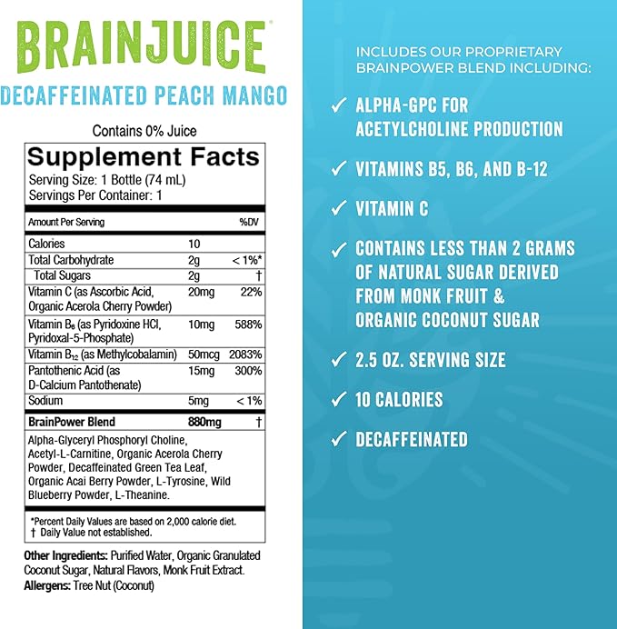 BrainJuice Decaf Brain Support Shot, Gluten Free Supplement Shots for Energy & Focus, Healthy Drinks with Alpha GPC, Vitamin B & Decaffeinated Green Tea Leaf, Classic, 2.5 fl oz, 12 Pack