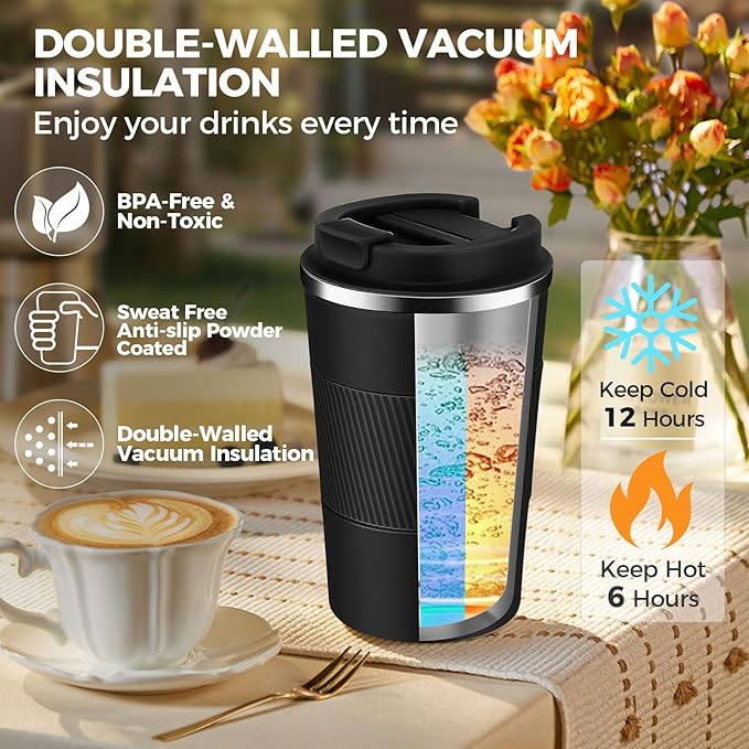 Volhoply 13 oz Stainless Steel Insulated Travel Coffee Mug with Fip Lid Bulk 8 Pack,Reusable Double Wall Vacuum Metal Coffee Cup,Portable Leak Proof Thermal Tumbler for Hot & Cold Drinks(Black,8)
