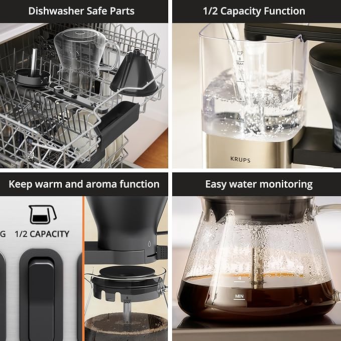 KRUPS Essential Brewer 8 Cup Drip Coffee Maker Machine SCA-Certified Blooming Technology, Barista-Quality, Pour-Over Coffee Machine, Easy to Clean Dishwasher Safe, Stainless Steel Design, Silver