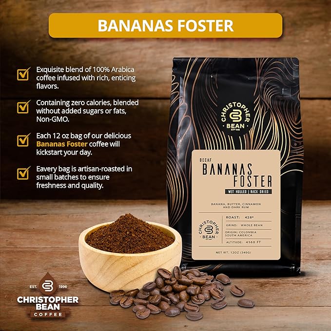 Christopher Bean Coffee - Certified Kosher - Decaf Ground Universal Drip Bananas Foster Flavored Coffee | coffee beans with Medium Roast 100% Arabica, No Sugar, No Fats, Non-GMO | 10-Ounce Bag