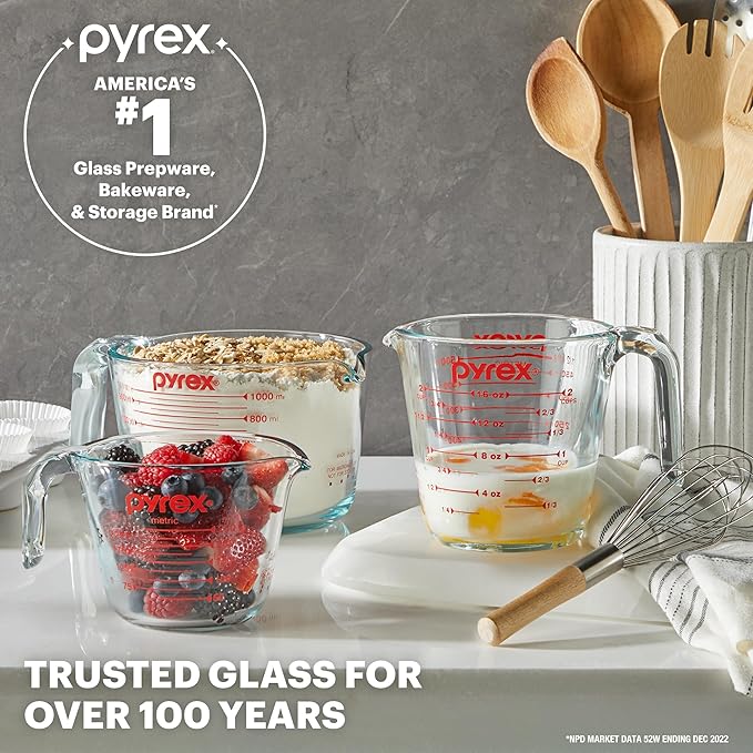 Pyrex Essentials (3-Pack) Glass Measuring Cups Set, (1, 2 & 4 Cup) Measuring Cups For Prepping, Baking and Cooking, Preheated Oven, Dishwasher, Freezer, and Microwave Safe