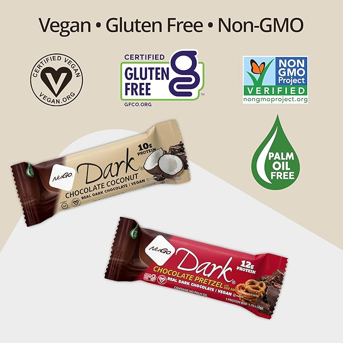 NuGo Dark Variety - Pretzel with Sea Salt 12 Bars & Peanut Butter Cup 12 Bars, 12g Protein Bar, Vegan, Gluten Free, Non-GMO, Kosher Pareve, 24 Count Variety