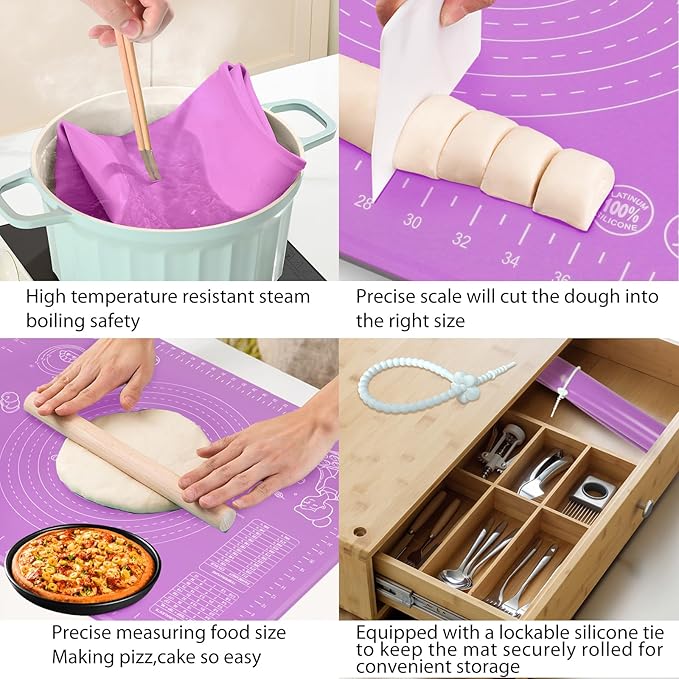 Silicone Baking Mat 28" x 20" Extra Thickness Dough Rolling Mat with Measurements and Edge Heightening, Non-stick Food Grade Silicone Pastry Mat for Pastry, Bread, Cookies, Pizza, Fondant, Pasta