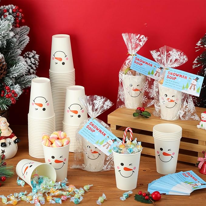 150 Sets Christmas Snowman Soup Kits for Classroom Coworker Gift 12 Oz Winter Snowman Paper Cups for Hot Cocoa Chocolate Marshmallow Soup Tags Clear Xmas Bags (Classic)