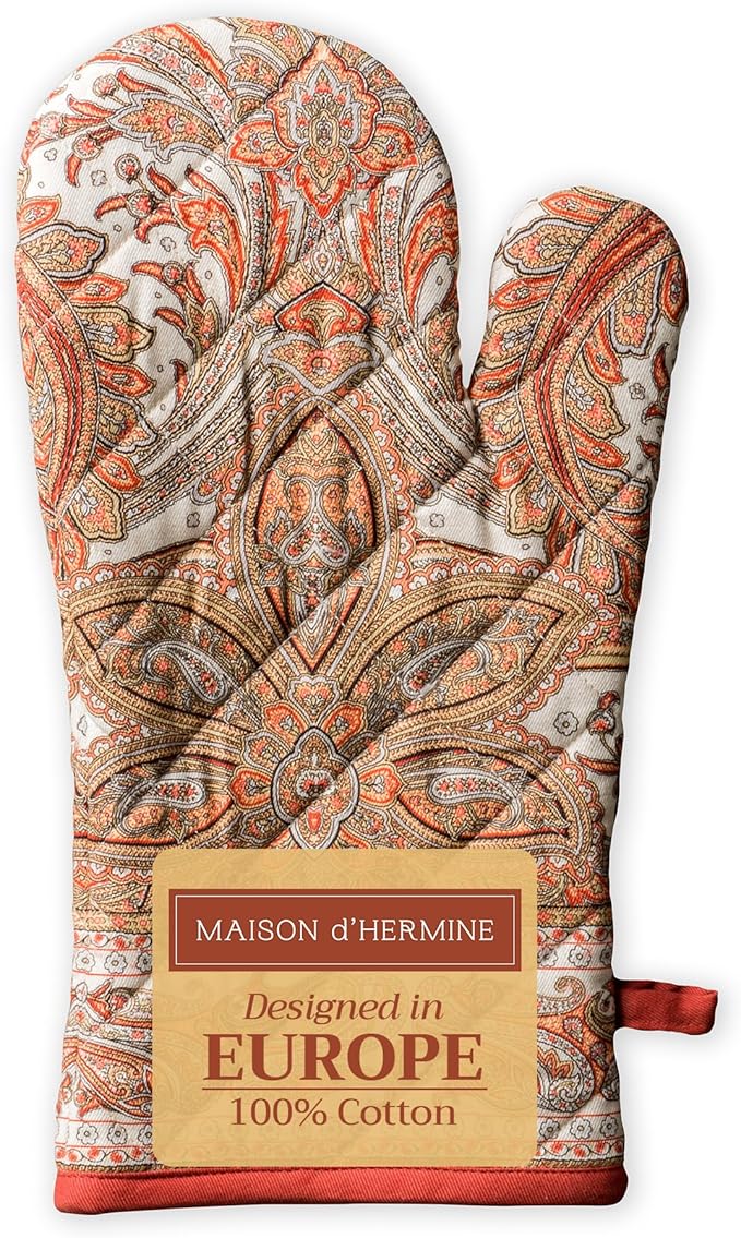 Maison d' Hermine Oven Gloves 100% Cotton Oven Mitt 7" x 13" with Loop Heat Resistant, BBQ, Cooking Gloves, Baking, Grilling, Kitchen, Handling Hot Pans (Pack of 1, Kashmir Paisley)
