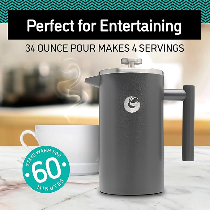 Coffee Gator French Press Coffee Maker 34oz, Double Insulated Stainless Steel Brewer plus Travel Jar Canister, Portable Hot Cold Brew for Coffee Bar Accessories Kitchen Camping, Silver