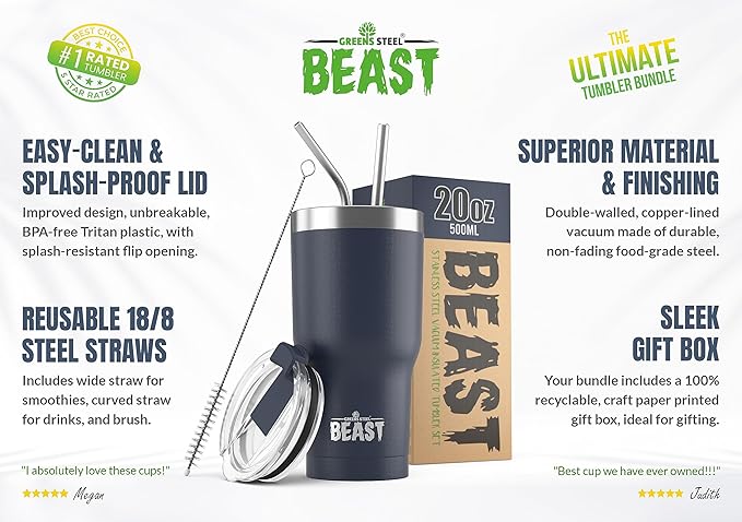 Beast 20 oz Tumbler Stainless Steel Vacuum Insulated Coffee Ice Cup Double Wall Travel Flask (Navy Blue)