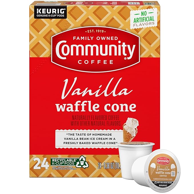 Community Coffee Vanilla Waffle Cone Ice Cream Flavored, 24 Count Coffee Pods, Compatible with Keurig 2.0 K-cup Brewers, 24 Count (Pack of 1)