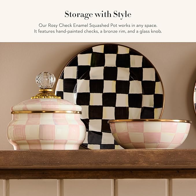 MACKENZIE-CHILDS Enamel Squashed Pot, Cute Enameled Container with Lid, 20 Ounces, Pink-and-White Rosy Check