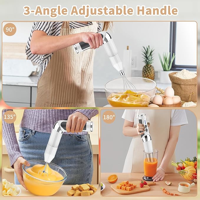 Cordless Immersion Blender: 4-in-1 Rechargeable Electric Hand Blender, 21-Speeds & 3-Angle Adjustable with 700ml Chopper, 700ml Beaker, Egg Whisk and Beater for Smoothies, Soup, Baby Food (White)