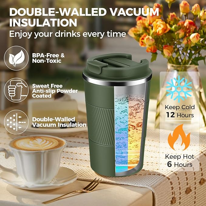 Volhoply 13 oz Stainless Steel Insulated Travel Coffee Mug with Fip Lid Bulk 8 Pack,Reusable Double Wall Vacuum Metal Coffee Cup,Portable Leak Proof Thermal Tumbler for Hot & Cold Drinks(Army Green,8)