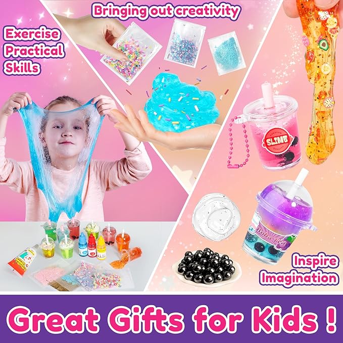 46PCS Slime Boba Tea Making Kit for Girls Ages 8-12, DIY Pretend Play Food Toys, Bubble Tea Cups, Bag, Clear Slime, Add-ins, Making Miniature Food, Party Favors for Kids 6 7 9 10 11
