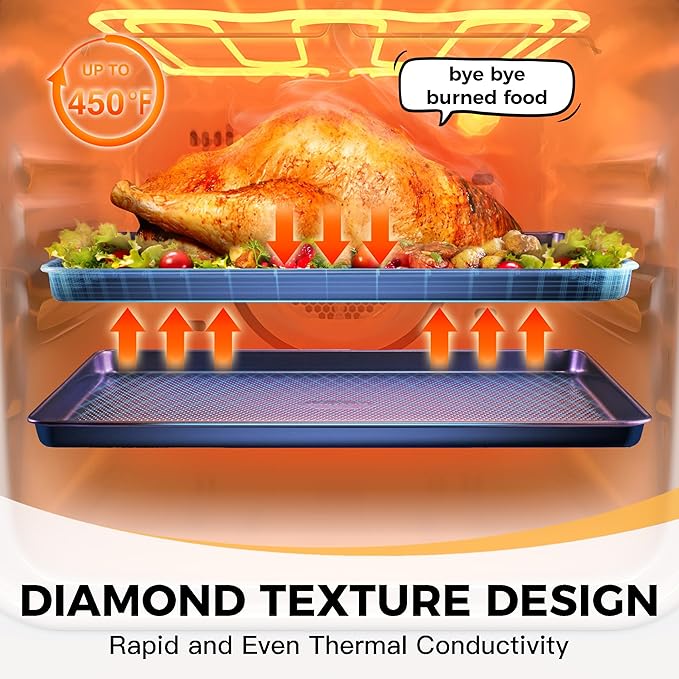HONGBAKE 9-Piece Baking Pans Set Nonstick, Stackable Non Toxic Bakeware Sets with Diamond Texture, Oven Pan Set for Cooking, Includes Cookie Sheet with Rack, Cake Pan, Roasting Pan, Muffin Tin, Blue