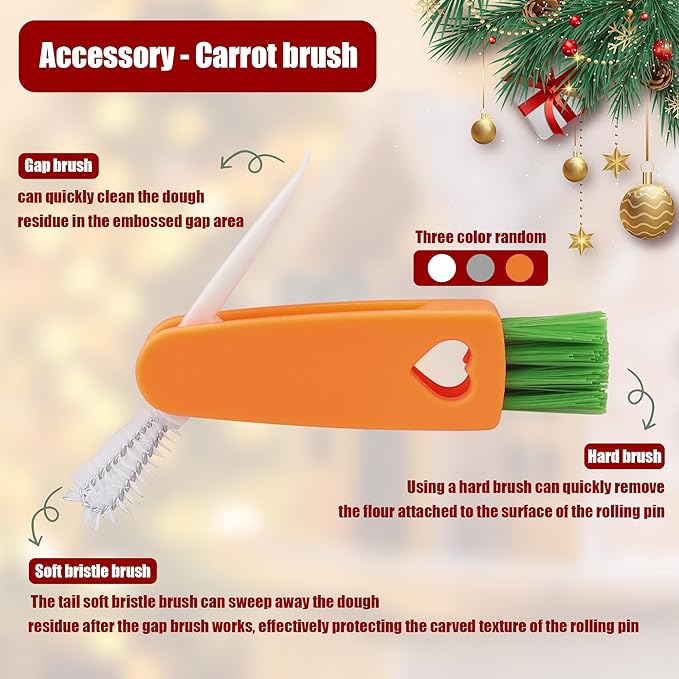 17" Premium Wood Rolling Pin with XMAS Embossed Designs | 3mm Deep Springerle Cookie Molds | Christmas Rolling Pin & Baking Gifts for Women | Includes 3-in-1 Cleaning Brush