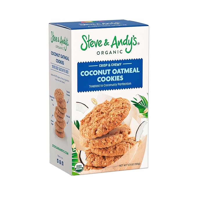 Steve & Andy’s Crunchy, Chewy Coconut Oatmeal Cookies -Organic, Gluten Free, Non-Gmo, Vegan, Dairy Free, Nut Free, Egg Free, Wheat Free, Soy Free, Plant-Base– 5.5 Oz, 1 Box (10 Cookies)