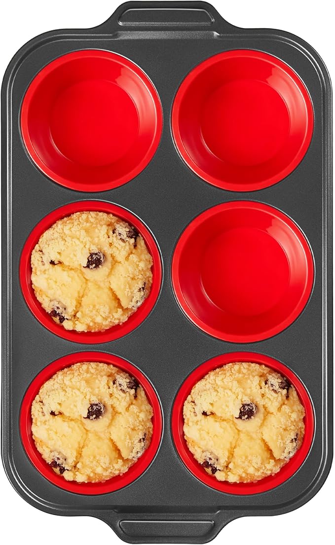 BRONYPRO Jumbo Silicone Muffin Pan with Metal Frame, 3.5" Large Muffin Tins, Non-Toxic Food Grade Silicone, Non-Stick for Egg Bites & Big Cupcakes, Oven Safe, Red