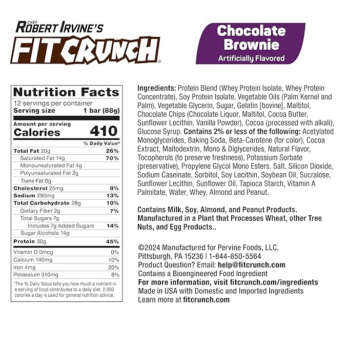 FITCRUNCH Full Size Protein Bars, 6-Layer Baked Bar, 7g of Sugar, Gluten Free & Soft Cake Core (12 Full Size Bars, Chocolate Brownie)