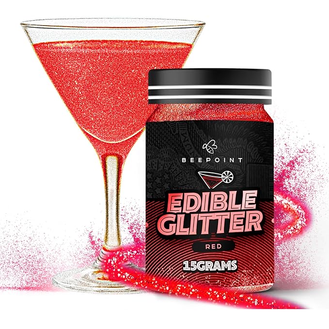 BeePoint Red Edible Glitter for Drinks 15g - Food Grade, Vibrant Color Shimmer Powdered Dust for Drinks, Cocktails, Cake Decorating, Baking, Chocolates, Candy, Sweets, & Cookies - Vegan & Gluten Free