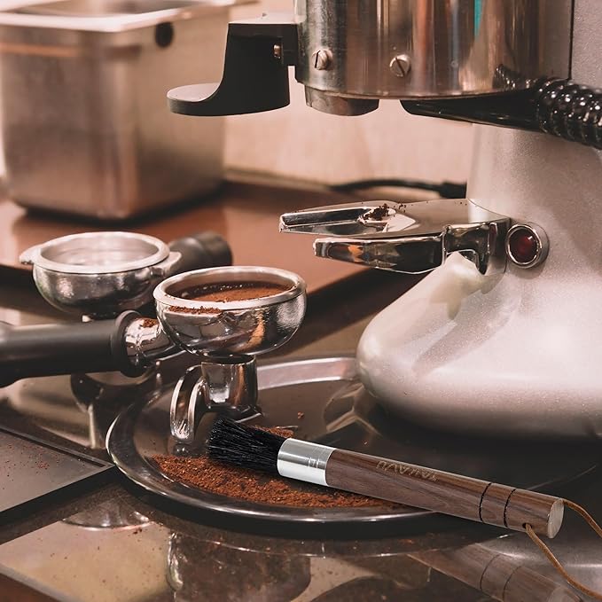 Takavu Coffee Grinder Cleaning Brush, Barista Brush with Black Boar Bristle, Espresso Machine Cleaner Tool, Brista Dusting Accessories Used on Group Heads, Shower Screen, Portafilter, Scoop, Tamper
