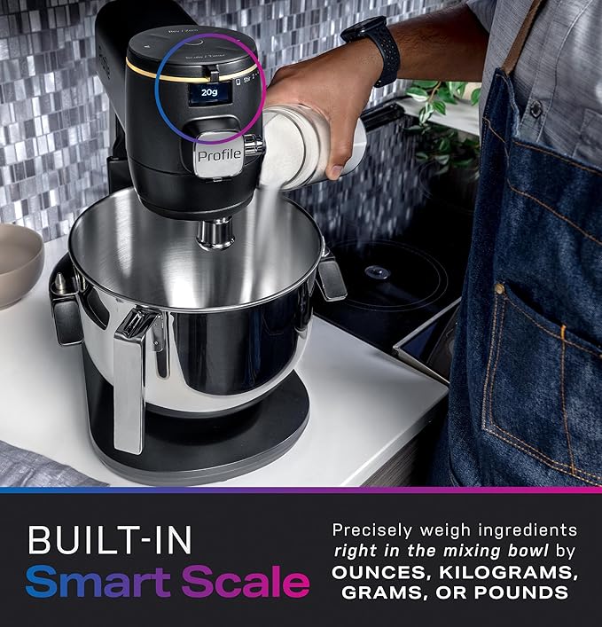 GE Profile Smart Stand Mixer w/Built-In Smart Scale & Auto Sense Technology, 7qt Stainless Steel Bowl, 11 Speed l Dough Hook, Beater, 11-wire whip l works w/Amazon Alexa & Google Home l Mineral Silver