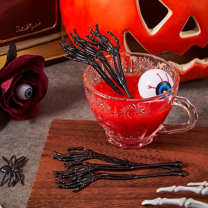 Remerry 100 Pcs Halloween Skeleton Swizzle Sticks Cocktail Garnish Sticks Hand Plastic Food Picks Coffee Stirrers Reusable Drink Stir Sticks Halloween Party Decorations for Birthday Bar Home(Black)