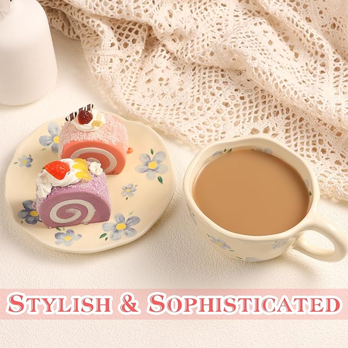 Cappuccino Cups with Saucers 8 oz Latte Art Cup Ceramics Coffee Mugs Irregular Aesthetic Flower Cups for Espresso, Double Shot, Americano, Latte, Tea - Microwave and Dishwasher Safe (Blue Flowers)